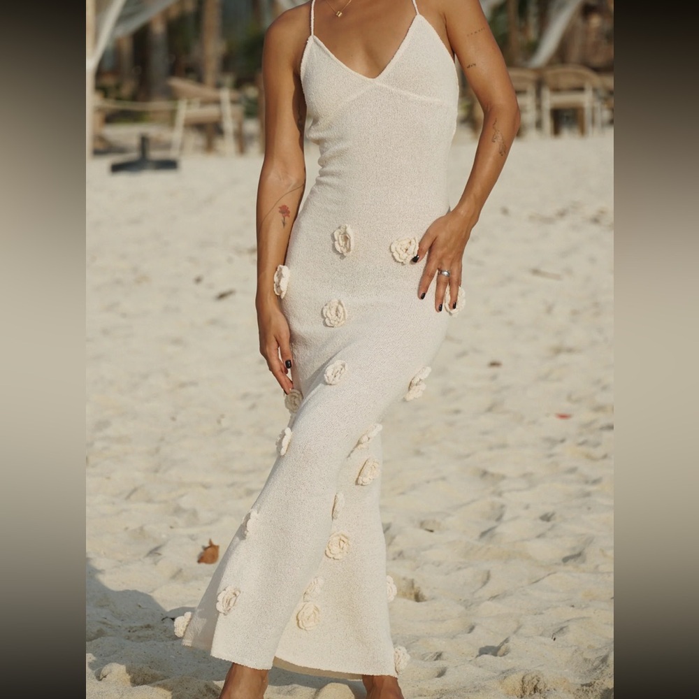 Elegant Cream Maxi Dress with Floral Accents